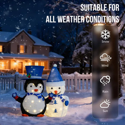 Set Of 2 Lighted Plush Penguin And Snowman Christmas Decorations, Pre-lit Pull Up Holiday Decor With 100 Warm White LED - view 4