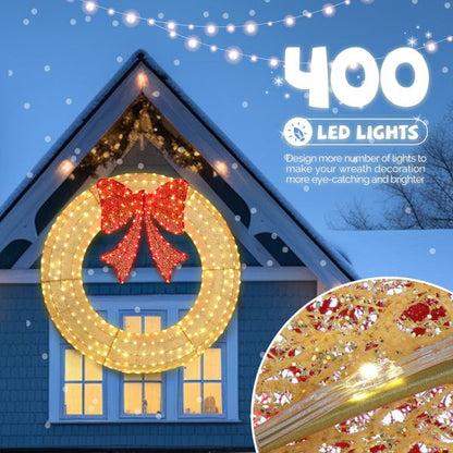 60in Pre-Lit Outdoor Christmas Wreath Decoration, LED Metal Holiday Decor For Home Exterior, Garden W 400 Lights, Bow - view 4