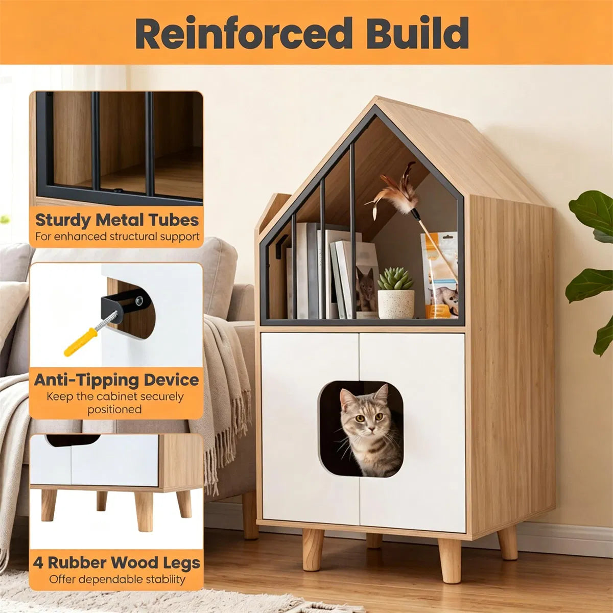 Natural & White Hidden Cat Litter Box Furniture, Elevated Cat Lounge Top Enclosed Cat Washroom Cabinet with Raised Legs - view 3