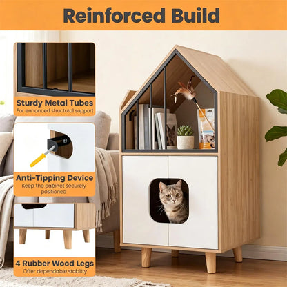 Natural & White Hidden Cat Litter Box Furniture, Elevated Cat Lounge Top Enclosed Cat Washroom Cabinet with Raised Legs - view 3