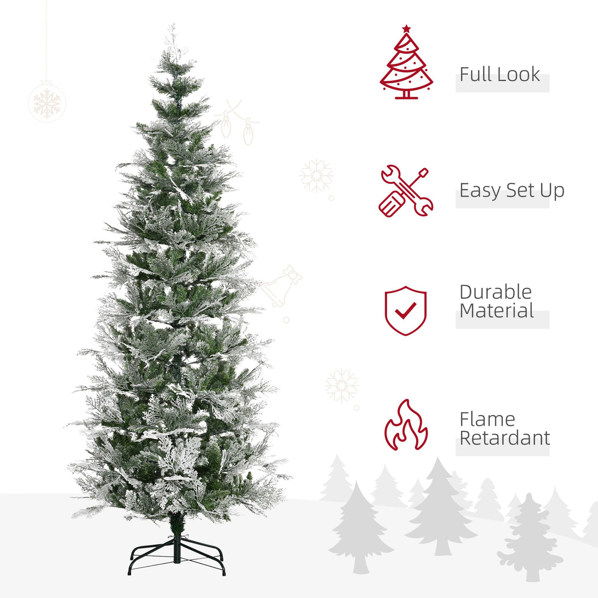 7.5 Feet Pencil Snow Flocked Artificial Christmas Tree With 880 Realistic Cypress Branches, Auto Open, Green - view 6