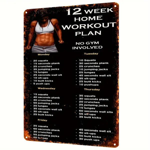 Vintage Fitness Plan Aluminum Sign Home Workout Guide Motivational Wall Decor For Home Gym Bar Indoor Outdoor Use 12x8