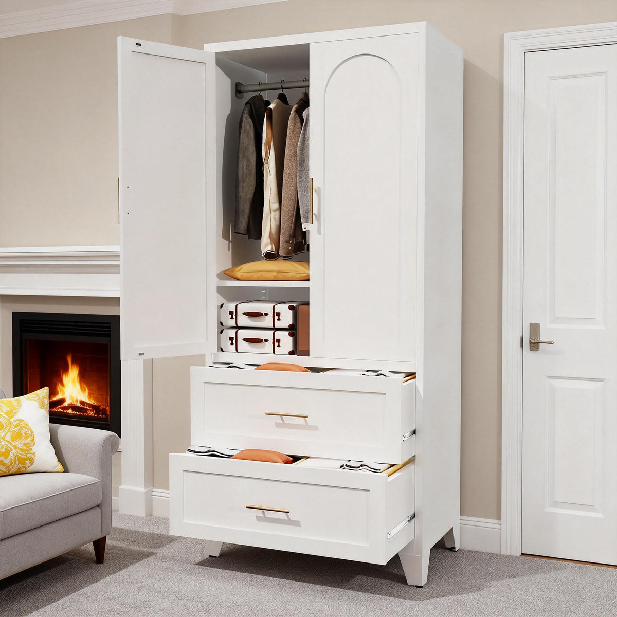 71inch Tall Metal Wardrobe Cabinet With 2 Drawers And Hanging Rod, 2 Doors Wardrobe Closet With Shelf For Bedroom - view 8