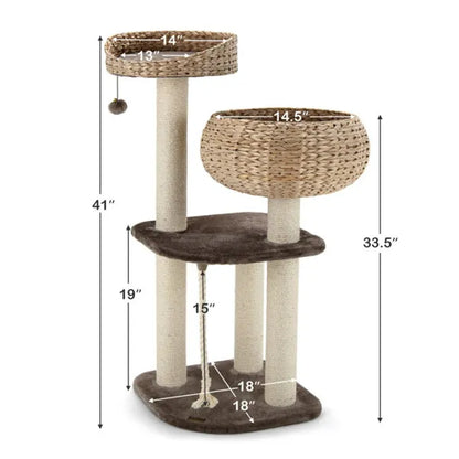 41 Inch Hand-Woven Water Hyacinth Cat Tree, 3 Sisal Scratching Posts Multi-Level Activity Center For Cats-Brown - view 4