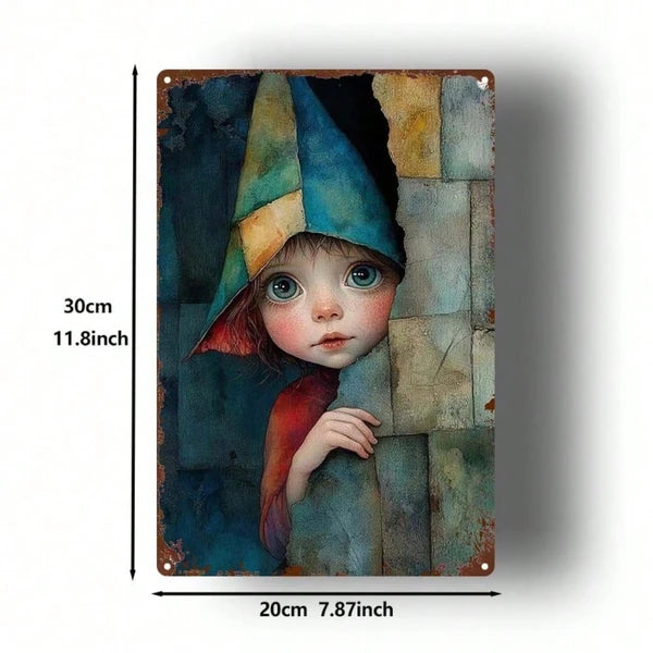 1pc Vintage Fairy-Tale Elf Metal Wall Art, Blue Pink Hair Green Hat Iron Sign - view 2