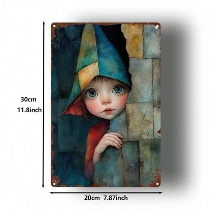 1pc Vintage Fairy-Tale Elf Metal Wall Art, Blue Pink Hair Green Hat Iron Sign - view 2