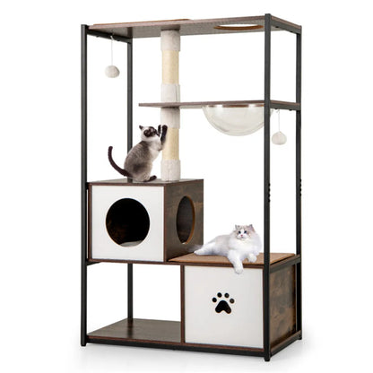 Stylish Wood-Metal Cat Tree - 33 lbs Per Layer Capacity, 2 Private Condos + 2 Relaxation Platforms