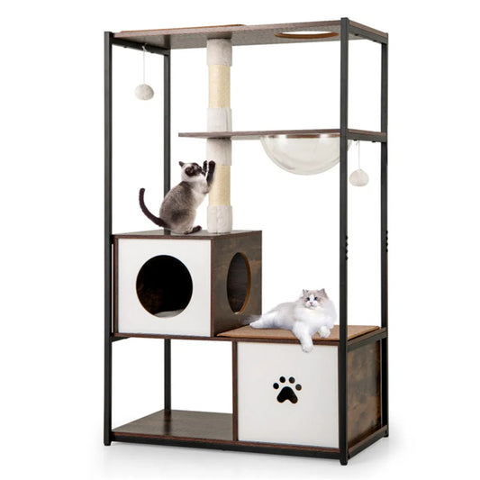 Stylish Wood-Metal Cat Tree - 33 lbs Per Layer Capacity, 2 Private Condos + 2 Relaxation Platforms