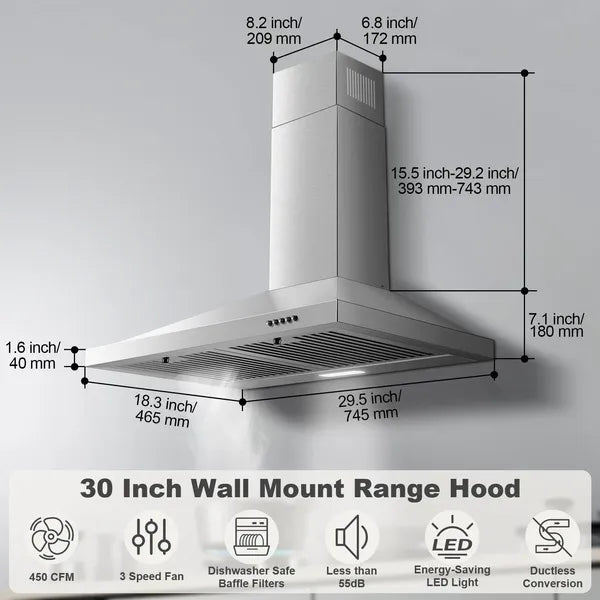 Range Hood 30 Inch, Wall Mount Range Hood Ducted/Ductless, Kitchen Hood In Stainless Steel - view 3