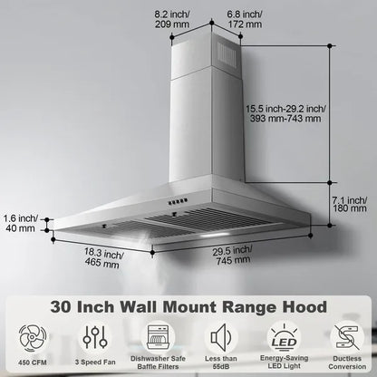 Range Hood 30 Inch, Wall Mount Range Hood Ducted/Ductless, Kitchen Hood In Stainless Steel - view 3