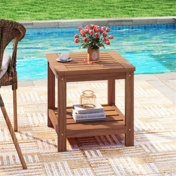 Versatile 2-Tier Wooden Side Table, Easy Assembly Nightstand For Garden Living Room Poolside - view 2
