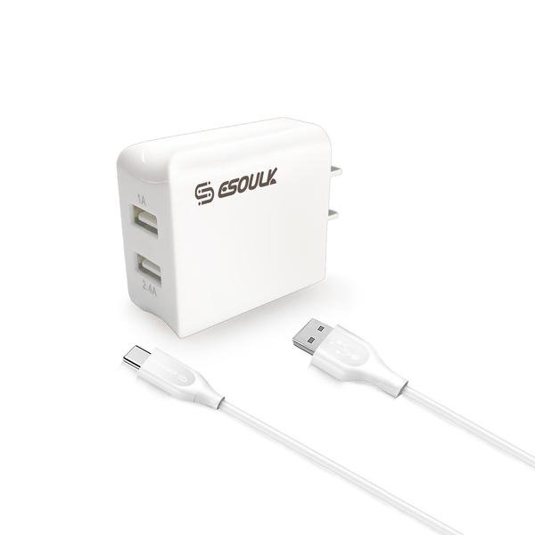Esoulk 12W 2.4A Dual USB Travel Wall Charger With 5FT Type-C Charging Cable