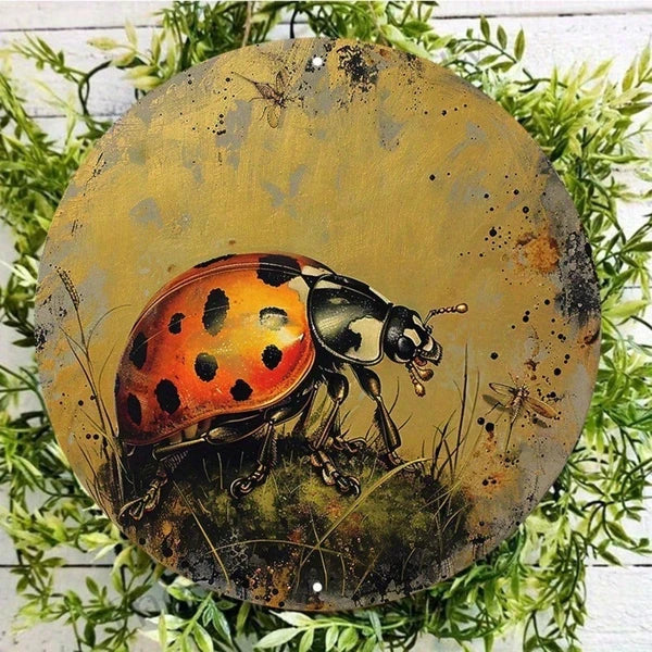 1pc 8x8 Inch Round Aluminum Metal Sign, Golden Ladybug Wall Decor, Vintage Farmhouse Wreath Door Hanging Plaque - view 2