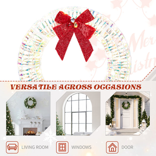 24in Pre-lit Iridescent Outdoor Christmas Wreath Decoration, Lighted Metal Wreath With Red Bow, Warm White LED Lights - view 2