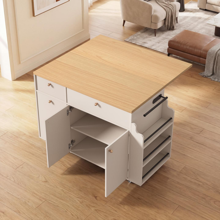 Kitchen Island With Storage Rolling Kitchen Island Cart With Drop Leaf Extension, Natural Wood Top, Drawers, Spice Rack - view 7