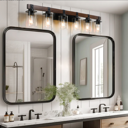 42 Inch Rustic 6-Light Vanity Light, Industrial Bathroom Wall Sconce With Glass Shades And Wood Accent - view 3