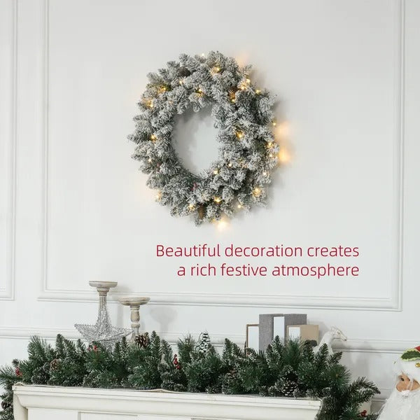 24 Christmas Front Door Wreath With Lights Flocked Christmas Wreath With Pine Cones And Berries For Windows Green - view 3