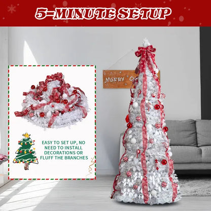 7 FT Fully Decorated Pre-lit Christmas Tree, Pop Up Artificial Xmas Tree With 170 Warm Lights And Red Ornaments - view 2