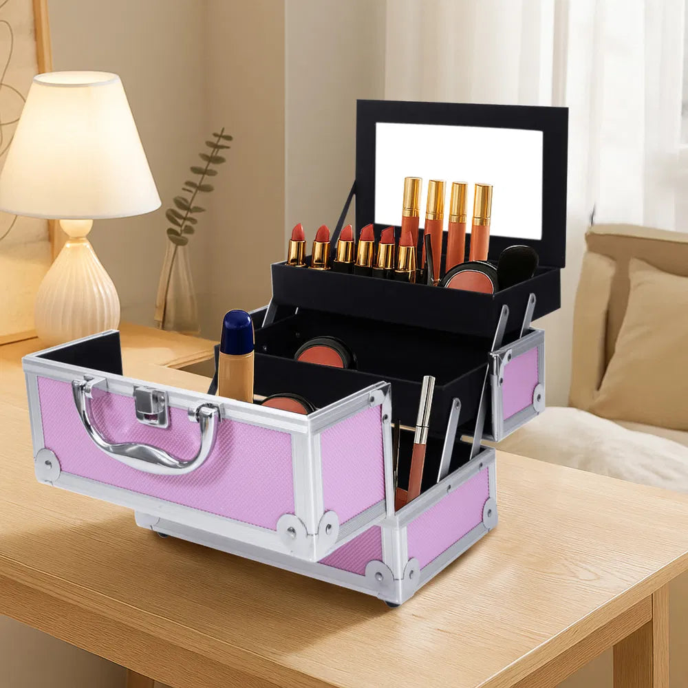 SM-2176 Aluminum Makeup Train Case Jewelry Box Cosmetic Organizer With Mirror 9' x6' x6' Pink - view 5