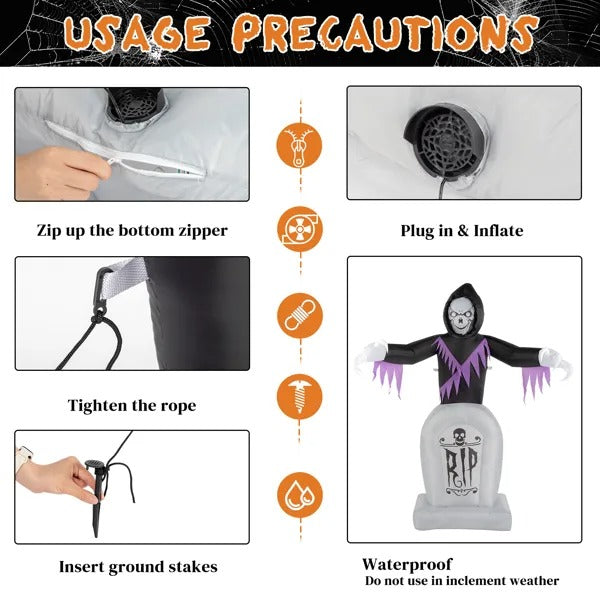 8ft Garden 3pcs LED String Lights Grim Reaper And Grave Inflatable Halloween Decoration