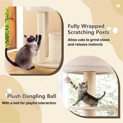 60 Inch Tall Wooden Cat Tree Multi-Level Cat Tower with Sisal Scratching Posts & Condos for Indoor Cats, Natural - view 3