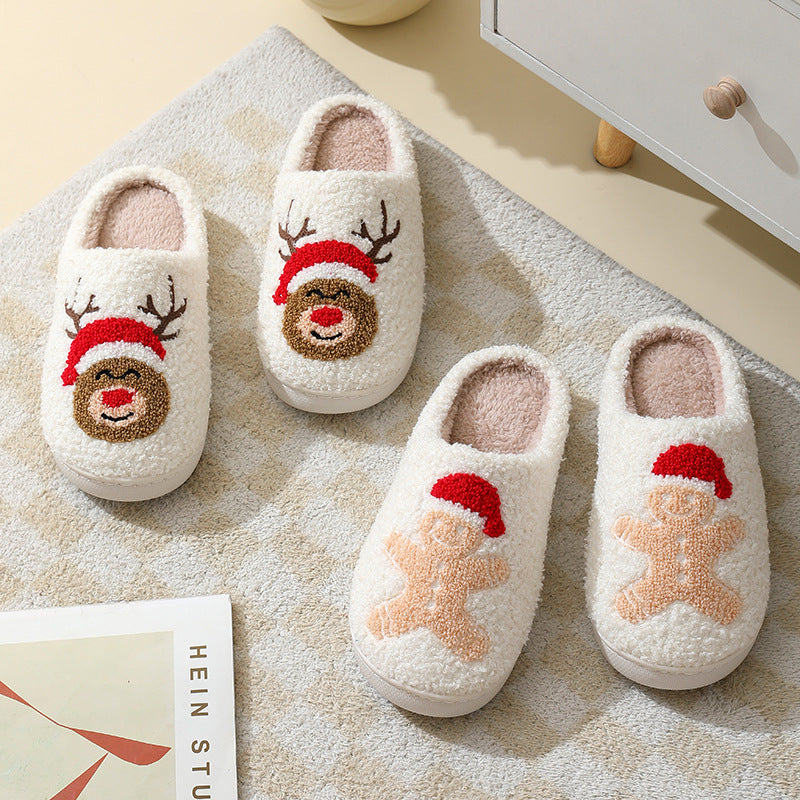 Christmas Home Slippers Cute Cartoon Santa Claus Cotton Slippers For Women And Men Couples Winter Warm Furry Shoes - view 4
