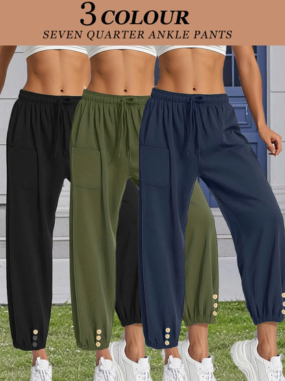 3pcs High-Waisted Button Wide-Leg Pants Cropped, Comfy & Effortlessly Chic