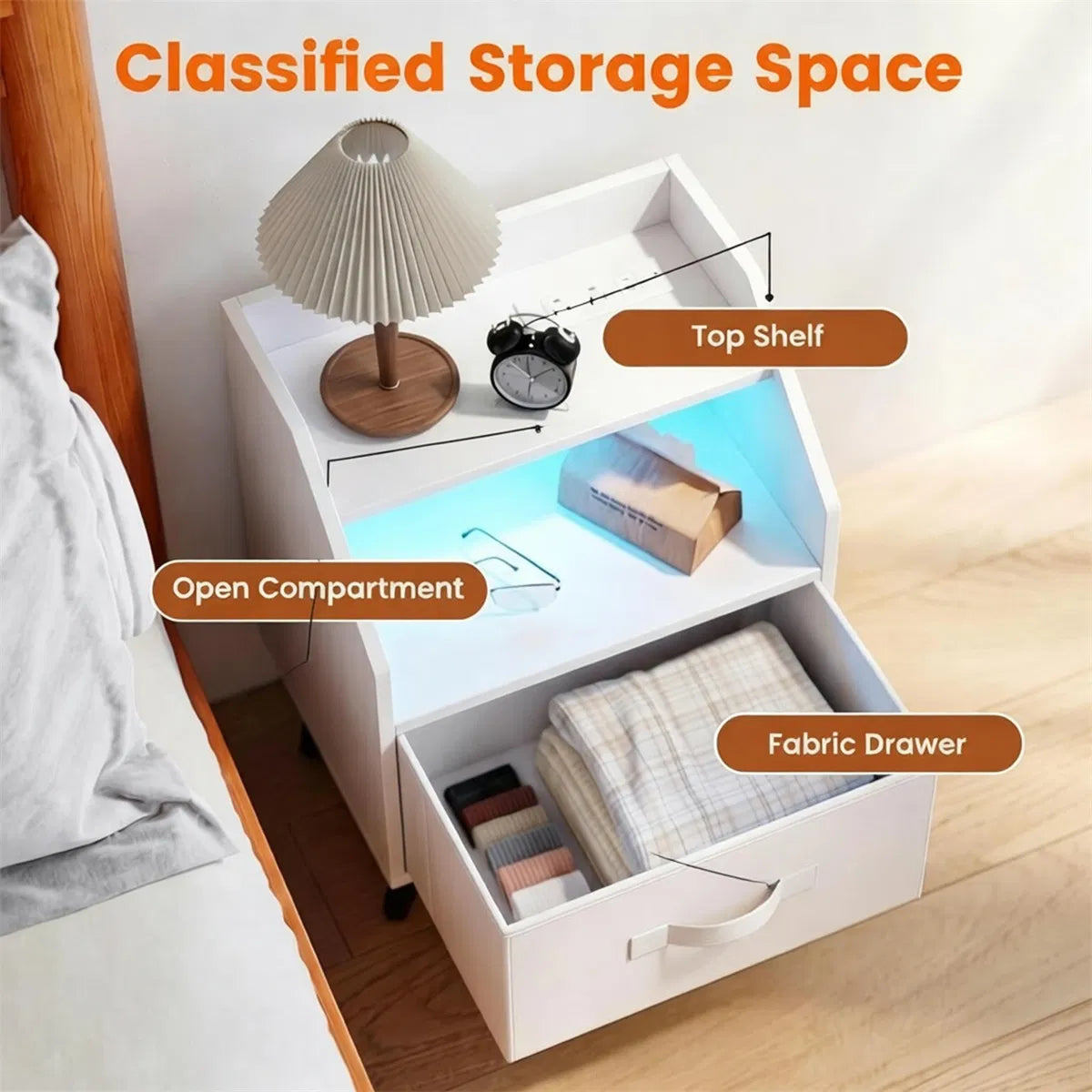 LED Nightstand with Charging Station, 16 Color RGB Remote Controlled Bedside Table with 2 AC Outlets USB Type-C Port - view 6