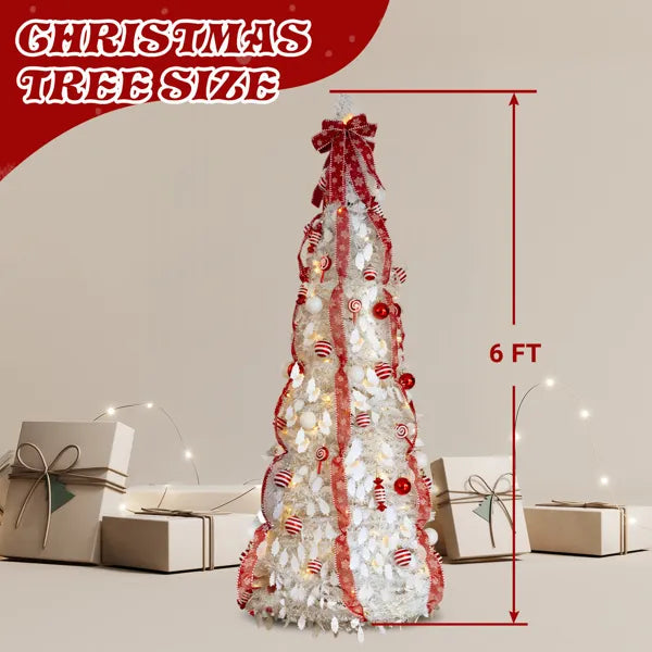 6 FT Fully Decorated Pre-lit Christmas Tree, Pop Up Artificial Xmas Tree With 100 Warm Lights And Red Ornaments - view 5