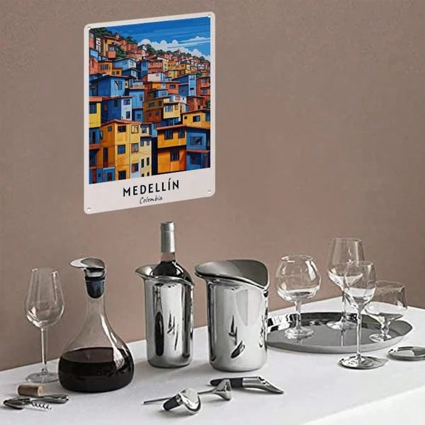 1pc Retro Medellin Colombia Travel Metal Tin Sign, Vibrant Hillside Wall Art - view 4