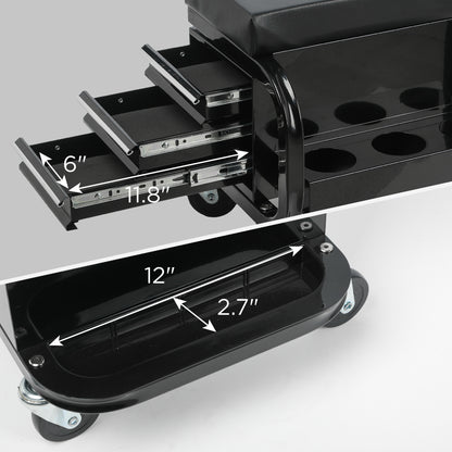 Rolling Creeper Garage Shop Seat With Three Built-in Drawers, Rolling Tool Chest,Black - view 4