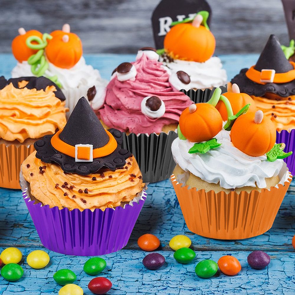 300 Pcs Halloween Foil Cupcake Liners Black Purple Orange Foil Metallic Cupcake Wrappers Halloween Party Standard - view 4