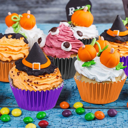 300 Pcs Halloween Foil Cupcake Liners Black Purple Orange Foil Metallic Cupcake Wrappers Halloween Party Standard - view 4