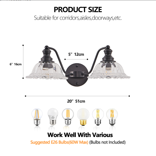 20 Inch 2-Light Vintage Bathroom Wall Sconce - Elegant Black Metal And Glass Lampshade Vanity Light Fixture - view 2