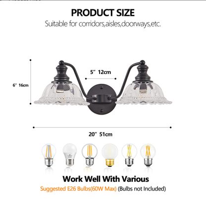 20 Inch 2-Light Vintage Bathroom Wall Sconce - Elegant Black Metal And Glass Lampshade Vanity Light Fixture - view 2