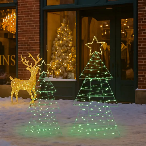 Set Of 2 Lighted Metal Christmas Tree Yard Decorations, Pre-lit Holiday Decor With 150 Green And Warm White LED Lights - view 4