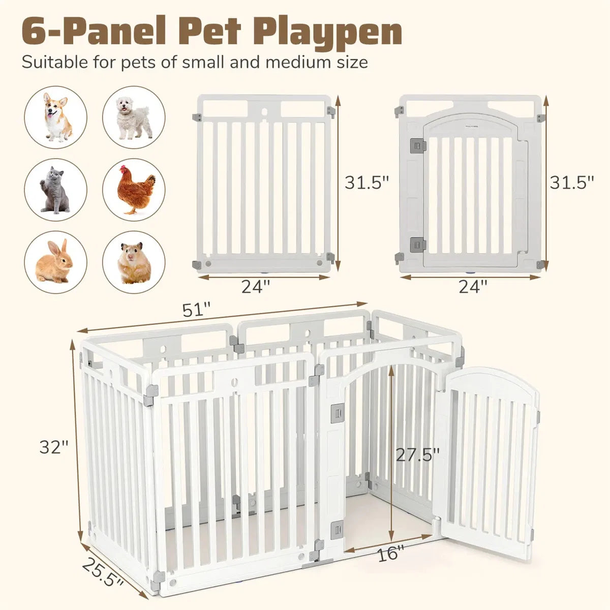 6-Panel HDPE Dog Playpen - Convertible Design (Playpen/Fence), Lockable Door, Suction Cups + Ground Stakes - view 8