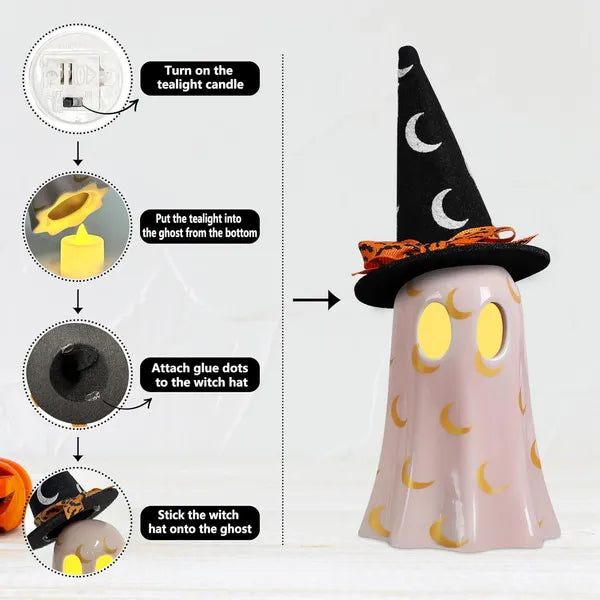 Halloween Decor Indoor, Set Of 3 Ceramic Ghosts With Witch Hats, Cute Spooky Ghost Figurines For Mantel - view 2