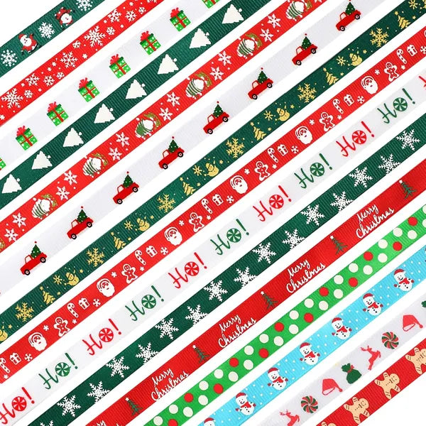 Christmas Ribbon, 15 Yards 3/8 Inch Christmas Grosgrain Ribbons For Gift Wrapping