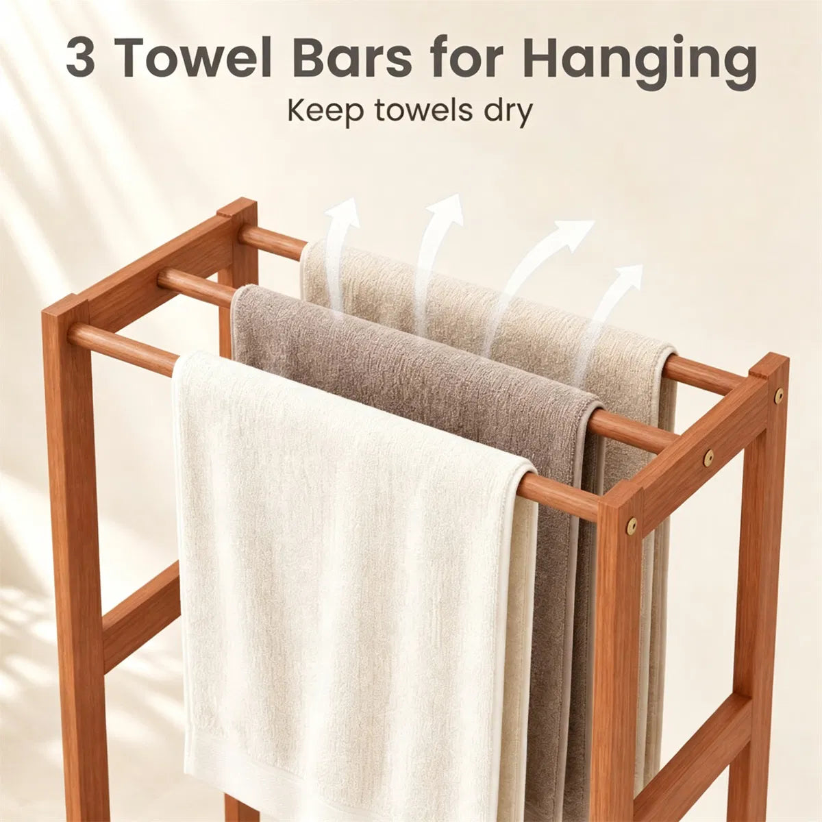 Natural Hardwood Towel Rack, Freestanding Blanket Stand with 3 Hanging Bars & Bottom Storage Shelf - view 2