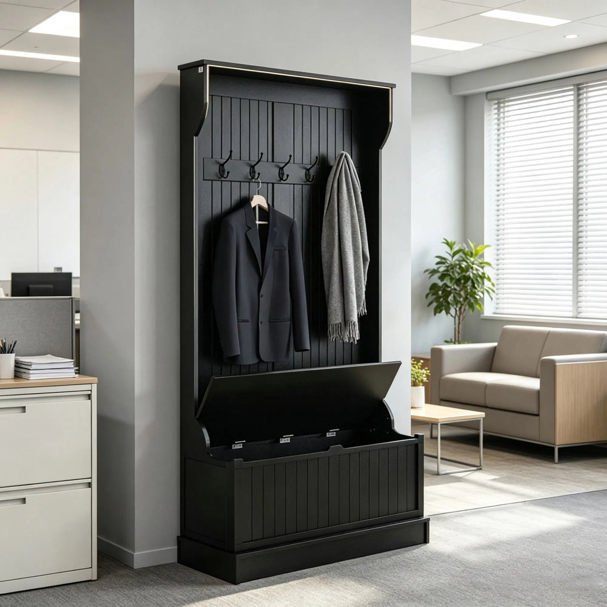 Black 3-In-1 Entryway Bench Coat Rack Hall Tree with Shoe Storage 5 Hooks for Hallway - Bench And Storage Furniture