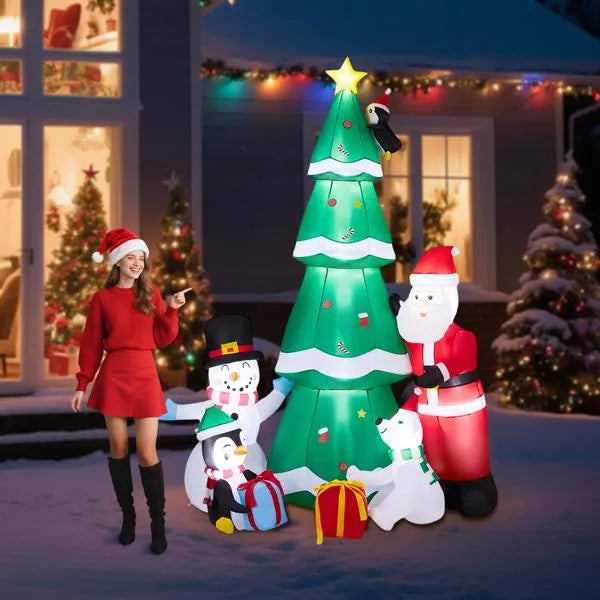 7.5FT Lighted Christmas Inflatable Decoration, Inflatable Christmas Tree With Santa And Snowman - view 3