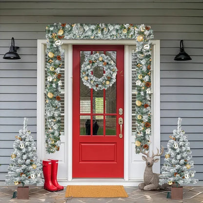 Pre-lit Holiday Christmas 4-Piece Set, Christmas Garland, Wreath And Set Of 2 Entrance Trees With Warm White LED Lights - view 5