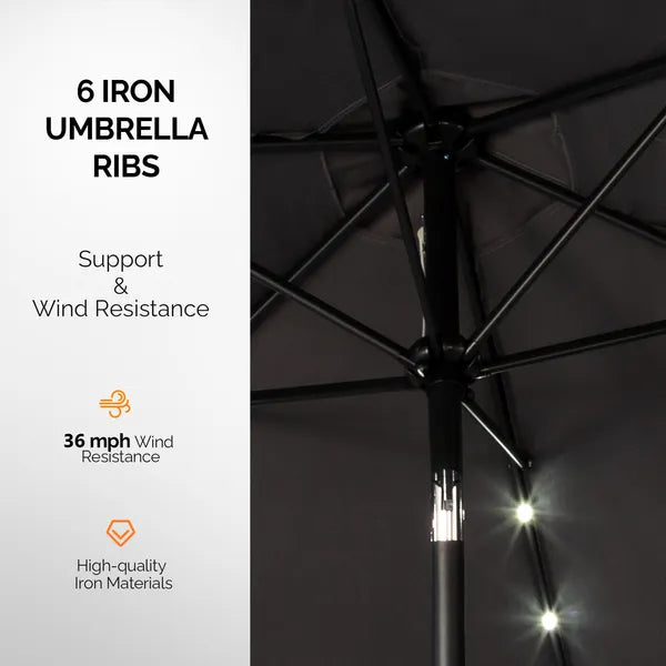 9ft Solar LED Patio Umbrella With Push Button Tilt & Crank, 6 Ribs Waterproof Polyester Outdoor Market Table Umbrella - view 5
