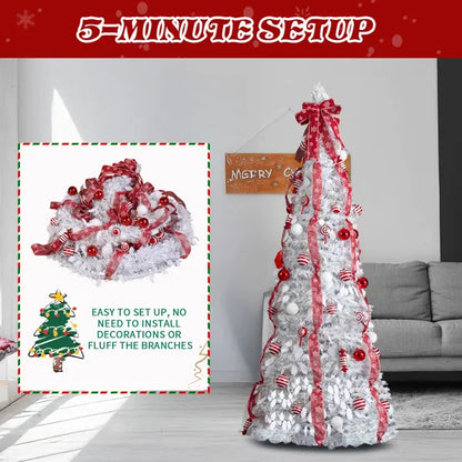 6 FT Fully Decorated Pre-lit Christmas Tree, Pop Up Artificial Xmas Tree With 100 Warm Lights And Red Ornaments - view 7