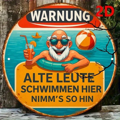 Vintage Swimming For Seniors Pool Warning Sign 8x8 Inch 2D Flat Round Plaque Decor For Pool Bathroom Changing Room