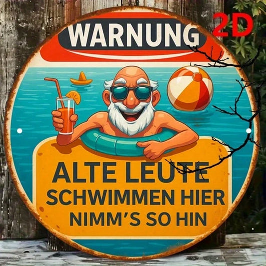 Vintage Swimming For Seniors Pool Warning Sign 8x8 Inch 2D Flat Round Plaque Decor For Pool Bathroom Changing Room