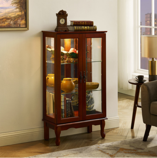 Curio Cabinet Lighted Curio Diapaly Cabinet With Adjustable Shelves And Mirrored Back Panel, Tempered Glass Doors - view 6