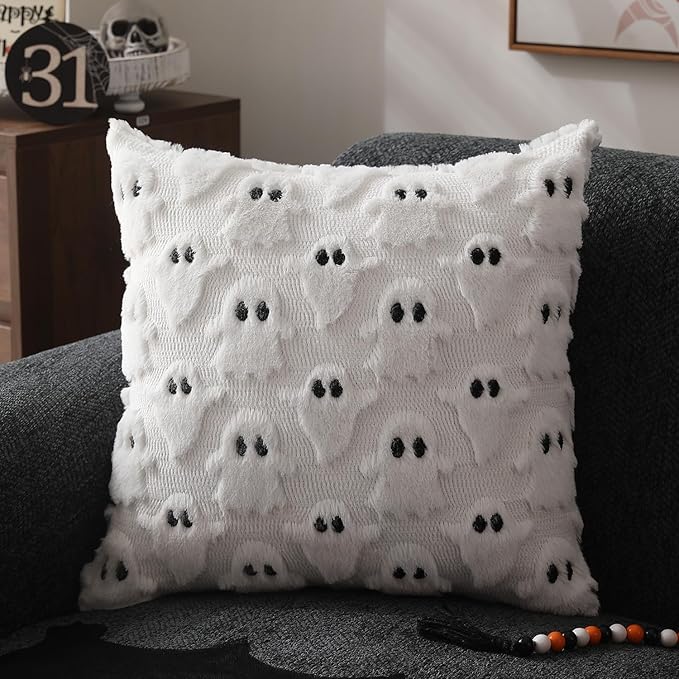 Halloween Pillow Covers 18x18 Inch White Ghost Throw Pillow Cases Soft Plush Couch Cushion Case For Chair Sofa Bedroom - view 3