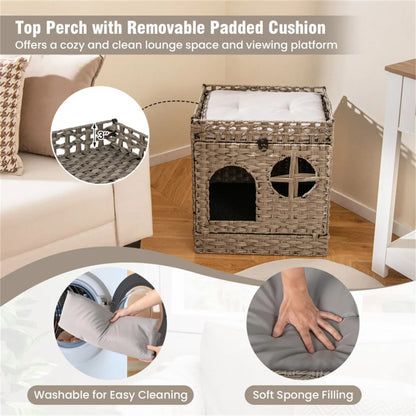 2-Tier Wicker Cat Condo with Litter Mat - Hidden Litter Box Enclosure, Detachable Washable Cushion, Gray Rattan - view 10